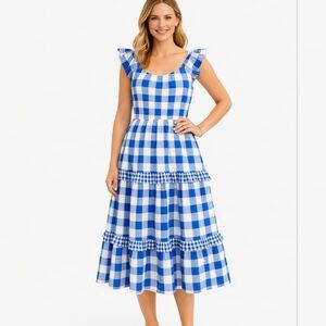 J.Crew Gingham Tiered Midi Dress Cottagecore Flutter Sleeve PM Preppy